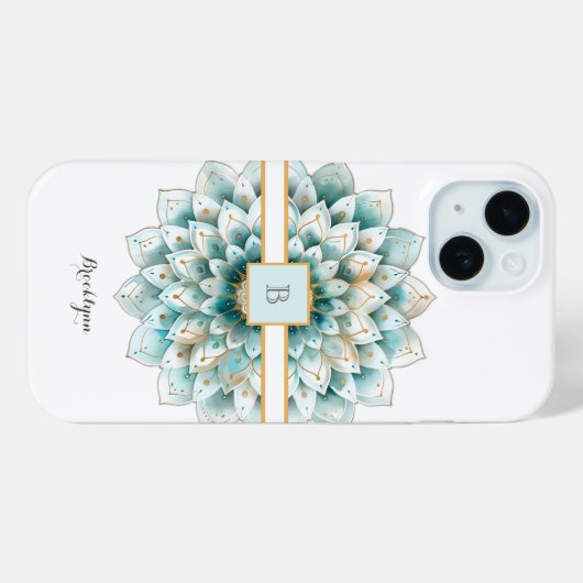 Monogram Blauwgroen Gouden Bloem Mandala Case-Mate iPhone Case (Achterkant (horizontaal))