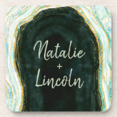 Monogram blauwgroen groen en goudgedag marmer Wedd Bier Onderzetter (Voorkant)