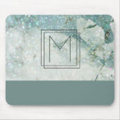 Monogram Blauwgroen Groen Marmer Glitter Monogram Muismat (Voorkant)