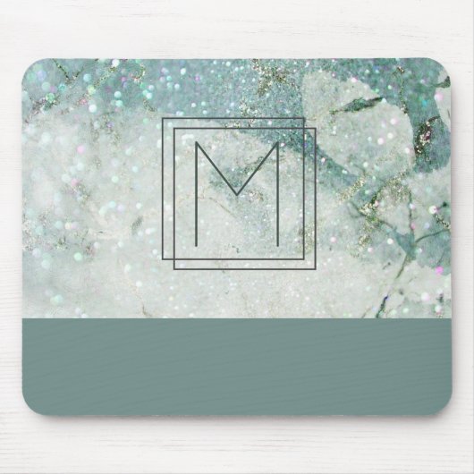 Monogram Blauwgroen Groen Marmer Glitter Monogram Muismat (Voorkant)