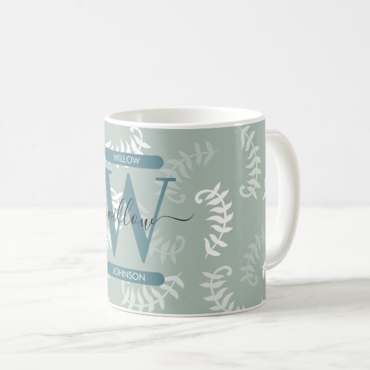 Monogram blauwgroen groene botanische bladeren koffiemok (Voorkant rechts)