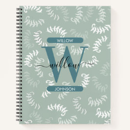 Monogram blauwgroen groene botanische bladeren notitieboek