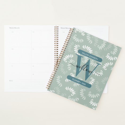 Monogram blauwgroen groene botanische bladeren planner (Display)