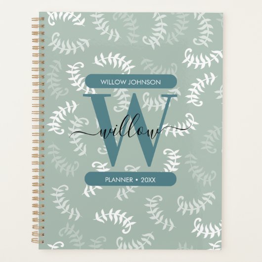 Monogram blauwgroen groene botanische bladeren planner (Voorkant)