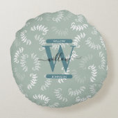 Monogram blauwgroen groene botanische bladeren rond kussen (Achterkant)