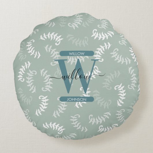 Monogram blauwgroen groene botanische bladeren rond kussen (Achterkant)