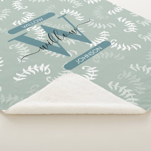 Monogram blauwgroen groene botanische bladeren sherpa deken (3/4)
