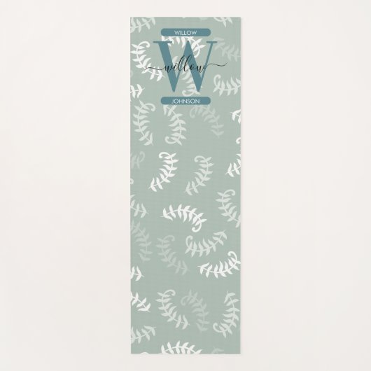 Monogram blauwgroen groene botanische bladeren yogamat (Voorkant)