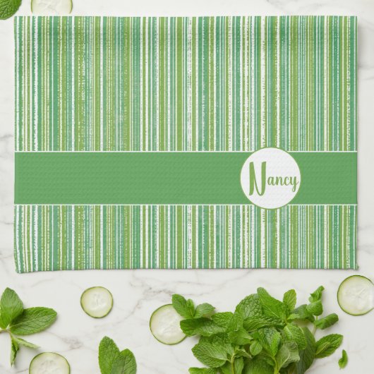 Monogram blauwgroen, Groene en Witte Stripes Theedoek (Gevouwen)
