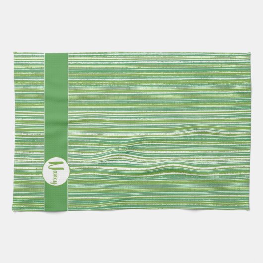 Monogram blauwgroen, Groene en Witte Stripes Theedoek (Horizontaal)