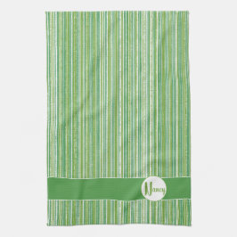 Monogram blauwgroen, Groene en Witte Stripes Theedoek