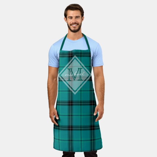 Monogram Blauwgroen Klassiek Pset Aangepast Tartan Schort (Gedragen)