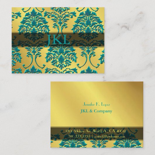 Monogram, blauwgroen op gouden toondameskubbykaart visitekaartje (Voorkant / Achterkant)