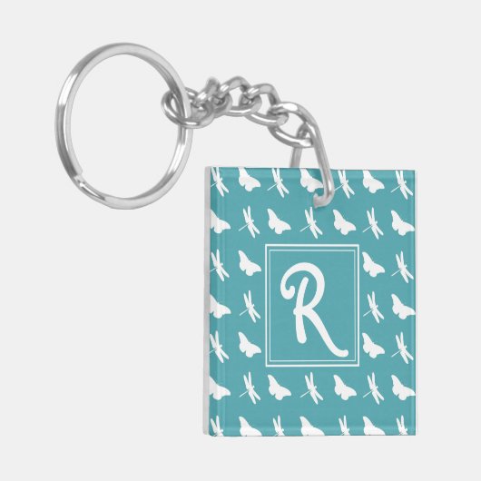Monogram blauwgroen patroonpatroon en dragonfly sleutelhanger (Voorkant Links)