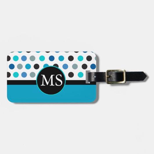 Monogram blauwgroen Polka Dots Stripes Bagagelabel (Voorkant horizontaal)