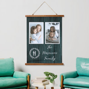 Monogram blauwgroen Rustige Familie Foto Hangend Wandkleed