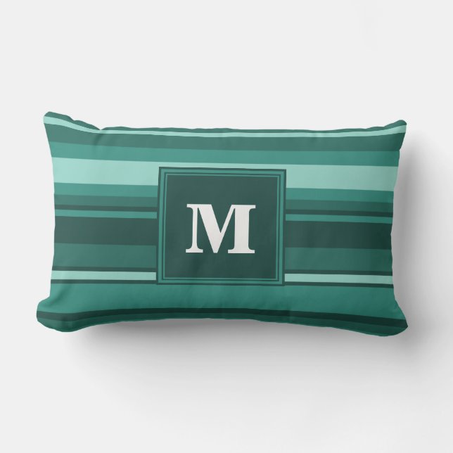 Monogram blauwgroen strepen kussen (Voorkant)