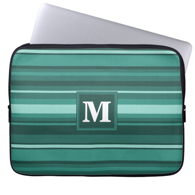 Monogram blauwgroen strepen laptop sleeve (Voorkant)