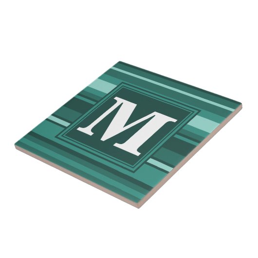 Monogram blauwgroen strepen tegeltje (Zijkant)