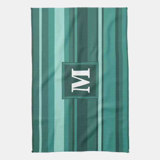 Monogram blauwgroen strepen theedoek (Verticaal)
