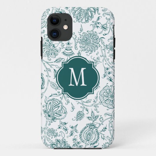 Monogram blauwgroen & wit bloempatroon Case-Mate iPhone case (Achterkant)