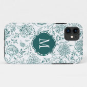 Monogram blauwgroen & wit bloempatroon Case-Mate iPhone case (Achterkant (horizontaal))