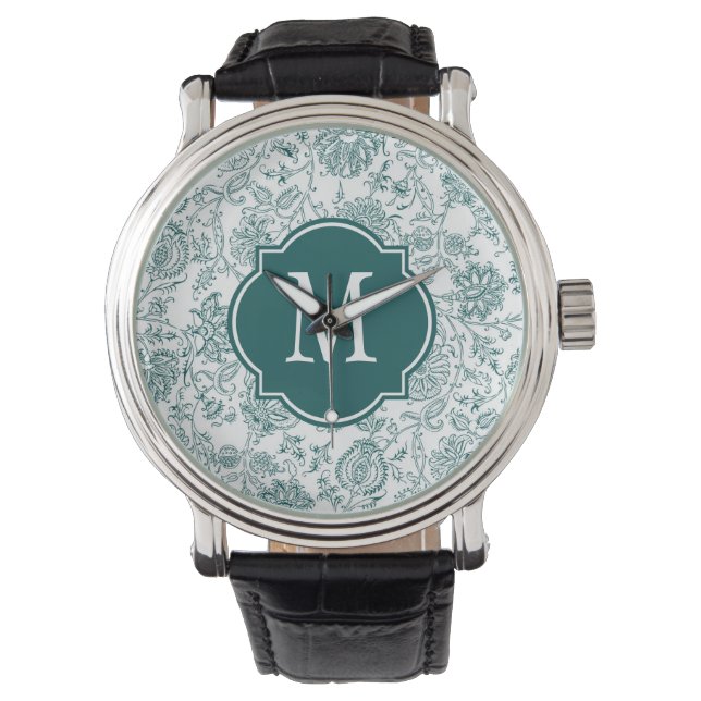Monogram blauwgroen & wit bloempatroon horloge (Voorkant)