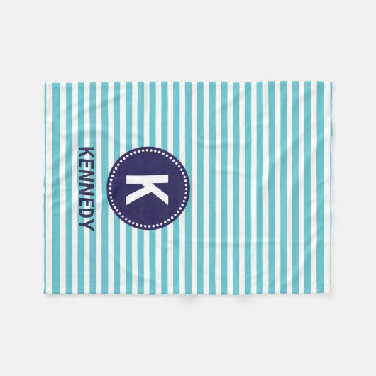 Monogram Blauwgroen Witte Stripes en Navy Blue Fleece Deken (Voorkant (Horizontaal))