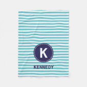 Monogram Blauwgroen Witte Stripes en Navy Blue Fleece Deken (Voorkant)