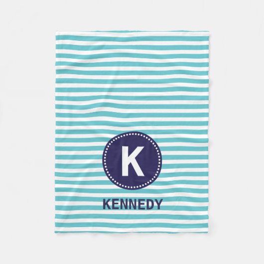 Monogram Blauwgroen Witte Stripes en Navy Blue Fleece Deken (Voorkant)