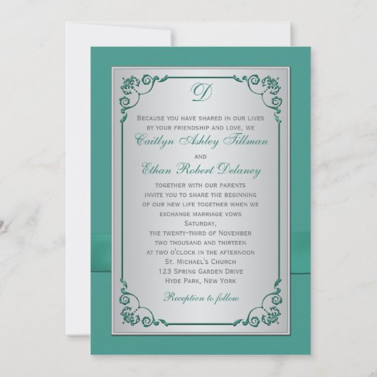 Monogram Blauwgroen, zilveren bloemige bruiloft ui Kaart (Achterkant)