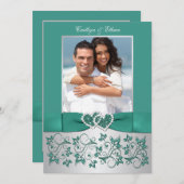Monogram Blauwgroen, zilveren bloemige bruiloft ui Kaart (Voorkant / Achterkant)