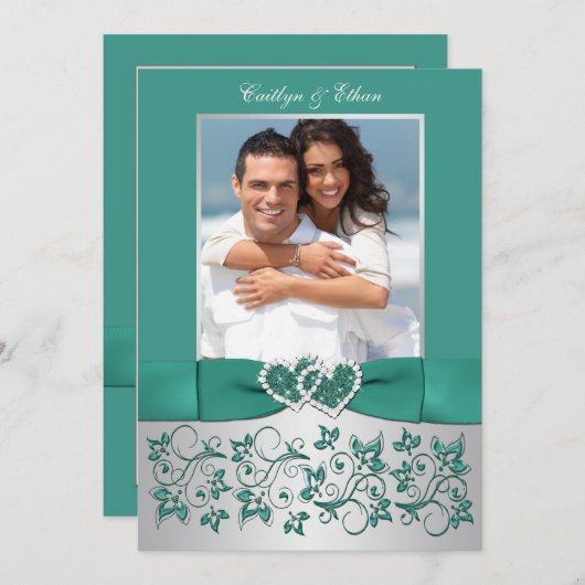 Monogram Blauwgroen, zilveren bloemige bruiloft ui Kaart (Voorkant / Achterkant)