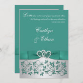 Monogram Blauwgroen, zilveren bloemige bruiloft ui Kaart (Voorkant / Achterkant)