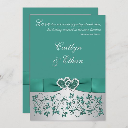 Monogram Blauwgroen, zilveren bloemige bruiloft ui Kaart (Voorkant / Achterkant)