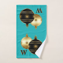 Monogram Blauwgroen Zwart en Goud Kerstmis Handdoe
