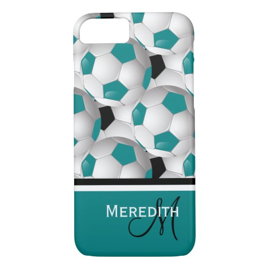Monogram Blauwgroen zwart Voetbal Patroon Case-Mate iPhone Case (Achterkant)