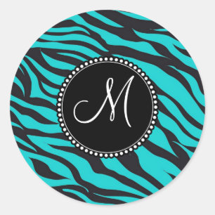 Monogram Blauwgroen Zwarte Zebra Afdrukken Wilde D Ronde Sticker