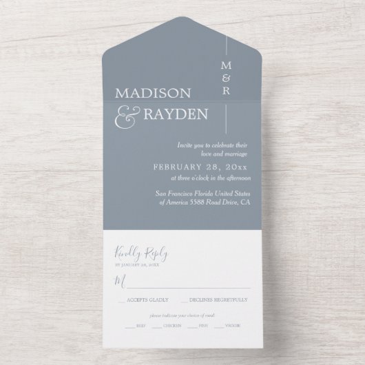 Monogram Bleek Blauw en witte bruiloft All In One Uitnodiging (Binnen)