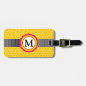 Monogram bloem en honingraatpatroon gepersonalisee bagagelabel (Voorkant horizontaal)