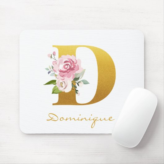 Monogram Bloem Faux Goud Naam Initiaal Persoonlijk Muismat (Met muis)