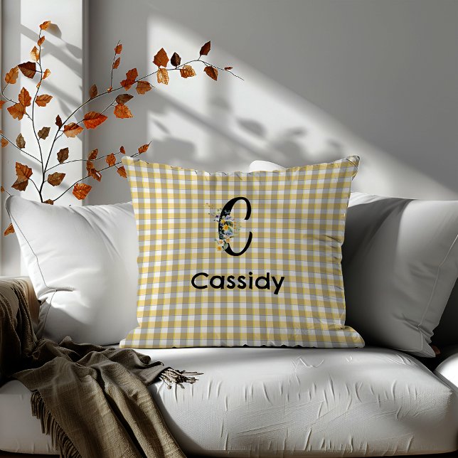 Monogram bloem gingham blauw grijs patroon kussen (Creator heeft geüpload)