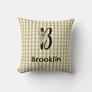 Monogram bloem gingham blauw grijs patroon kussen