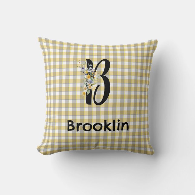 Monogram bloem gingham blauw grijs patroon kussen (Voorkant)