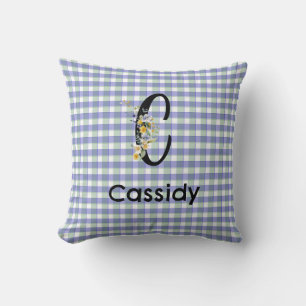Monogram bloem gingham blauw groen patroon kussen