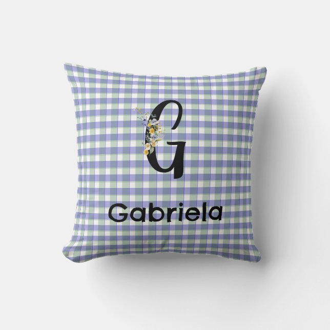 Monogram bloem gingham blauw groen patroon kussen (Voorkant)