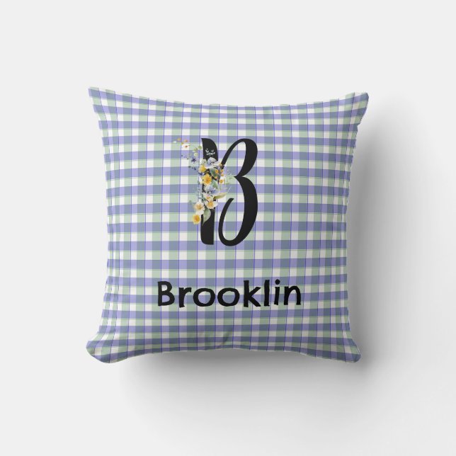 Monogram bloem gingham blauw groen patroon kussen (Voorkant)