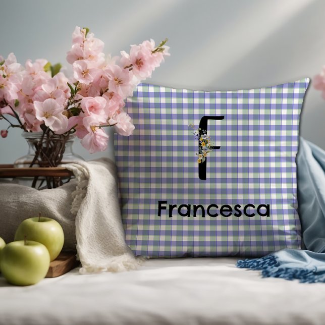 Monogram bloem gingham blauw groen patroon kussen (Creator heeft geüpload)