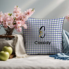 Monogram bloem gingham blauw groen patroon kussen