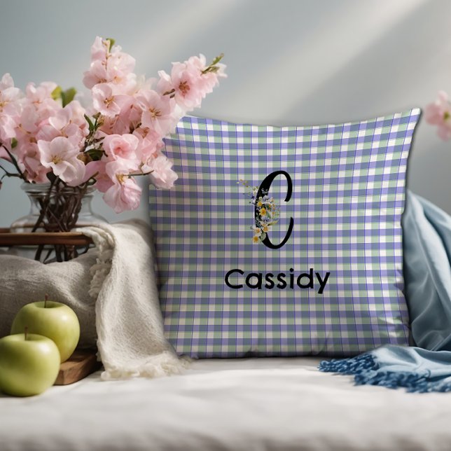Monogram bloem gingham blauw groen patroon kussen (Creator heeft geüpload)